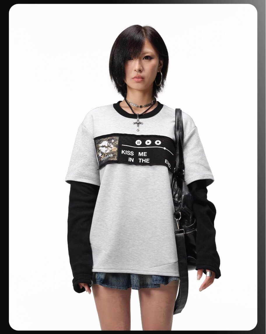 Night Lab Kiss Me Playlist Patch Layered Waffle Sleeve Tee
