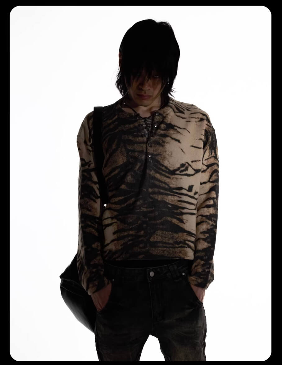 Night Lab Zebra and Leopard Print Henley Knit Sweater