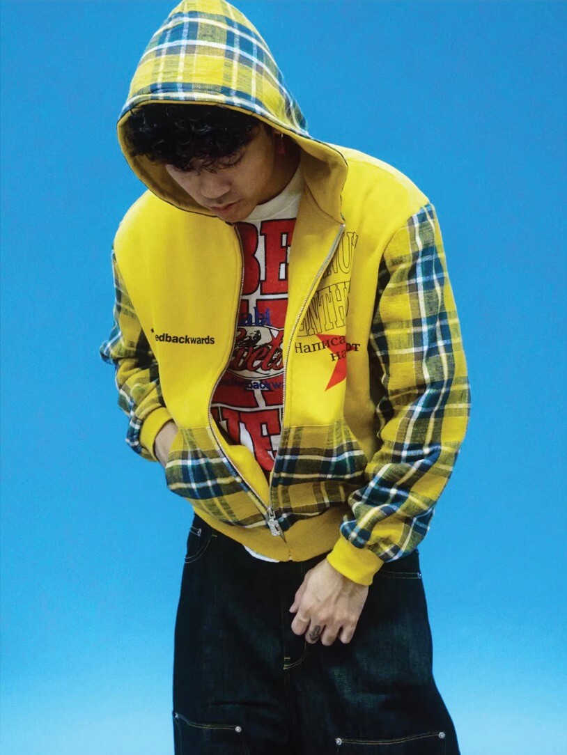 EVETS Contrast Plaid Patchwork Zip Up Hoodie
