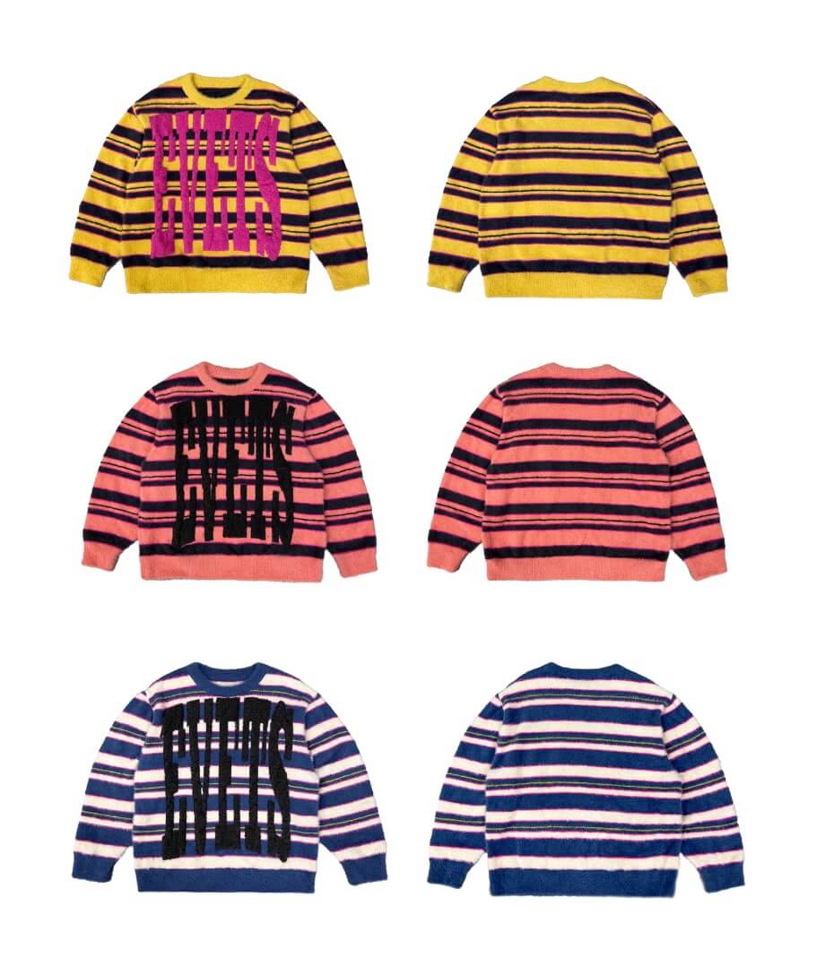 EVETS Logo Striped Fuzzy Knit Sweater