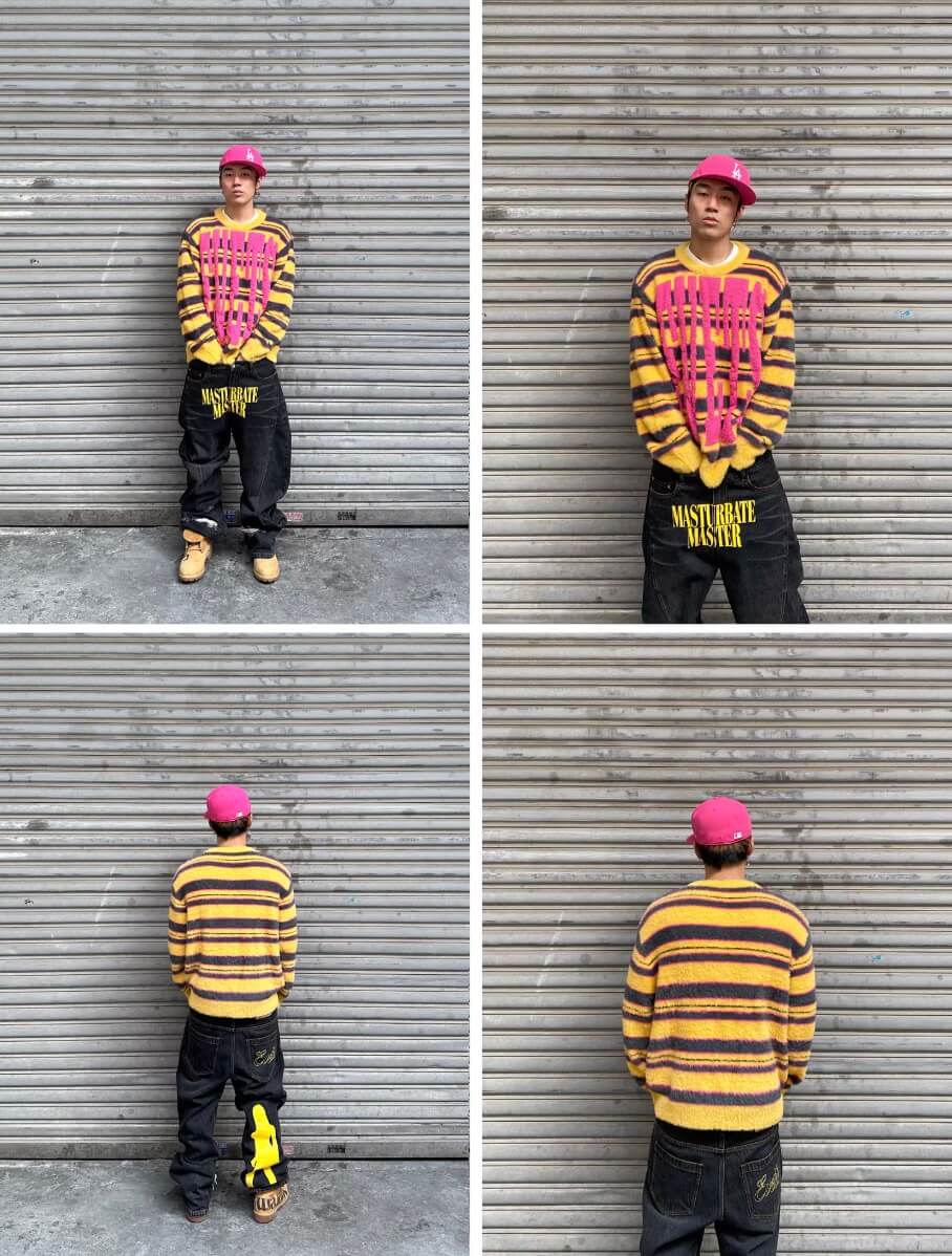 EVETS Logo Striped Fuzzy Knit Sweater