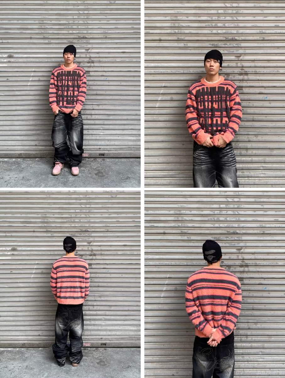 EVETS Logo Striped Fuzzy Knit Sweater