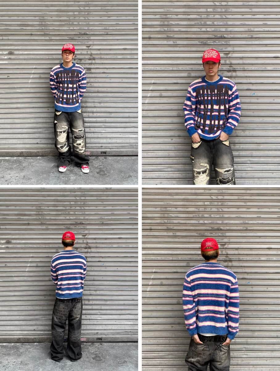 EVETS Logo Striped Fuzzy Knit Sweater