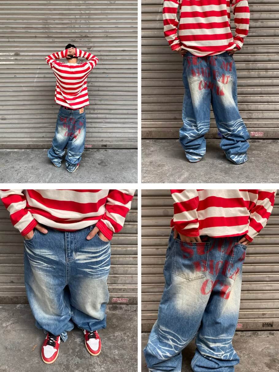 EVETS Dirty Wash Print Baggy Jeans