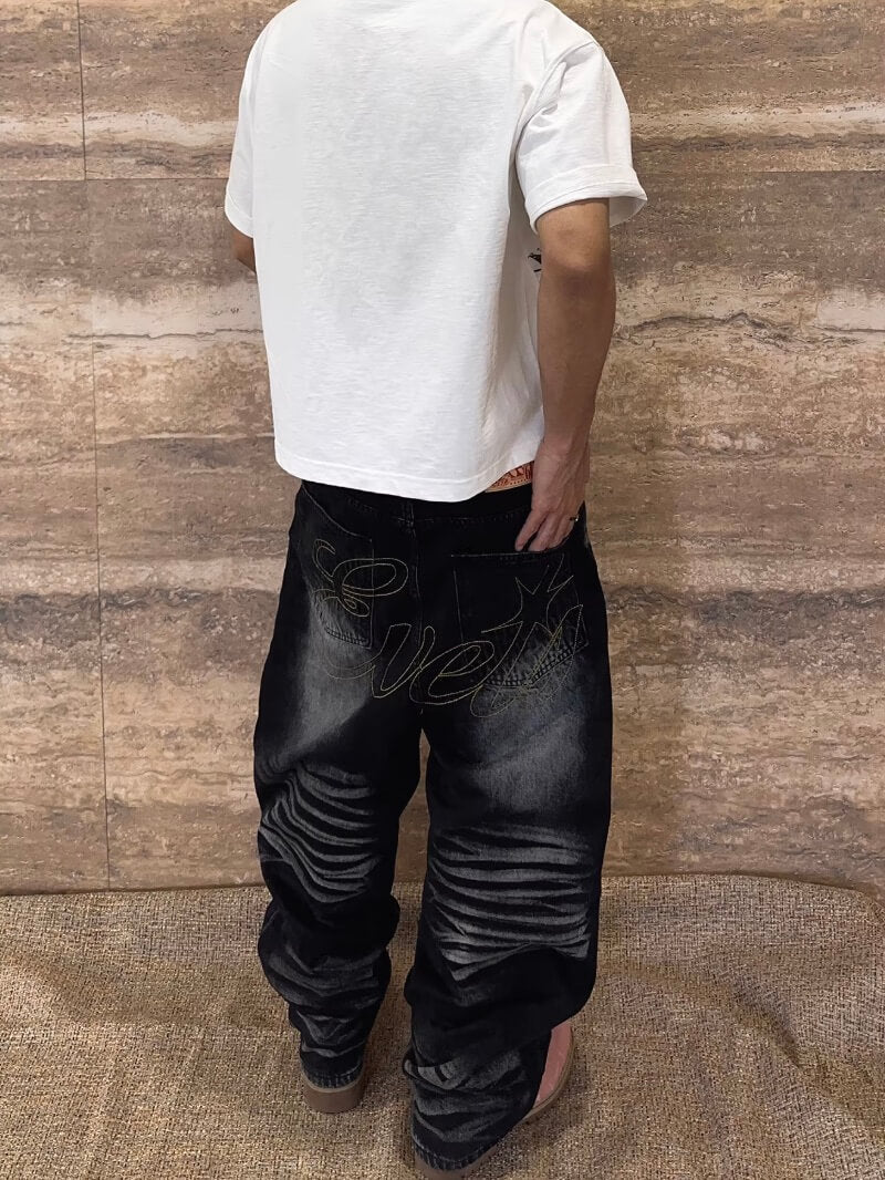 EVETS Whisker Washed Faded Baggy Jeans