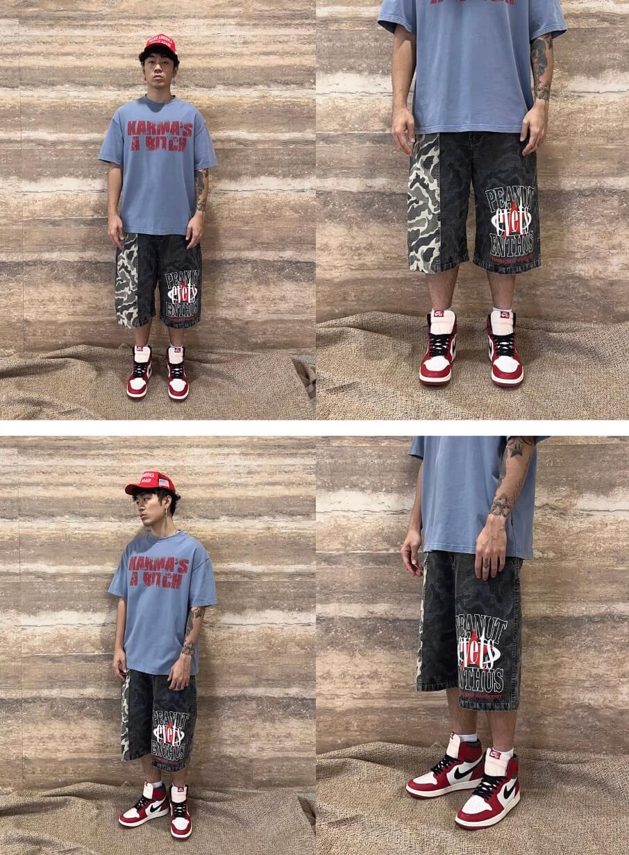 EVETS Washed Faded Camouflage Patchwork Shorts