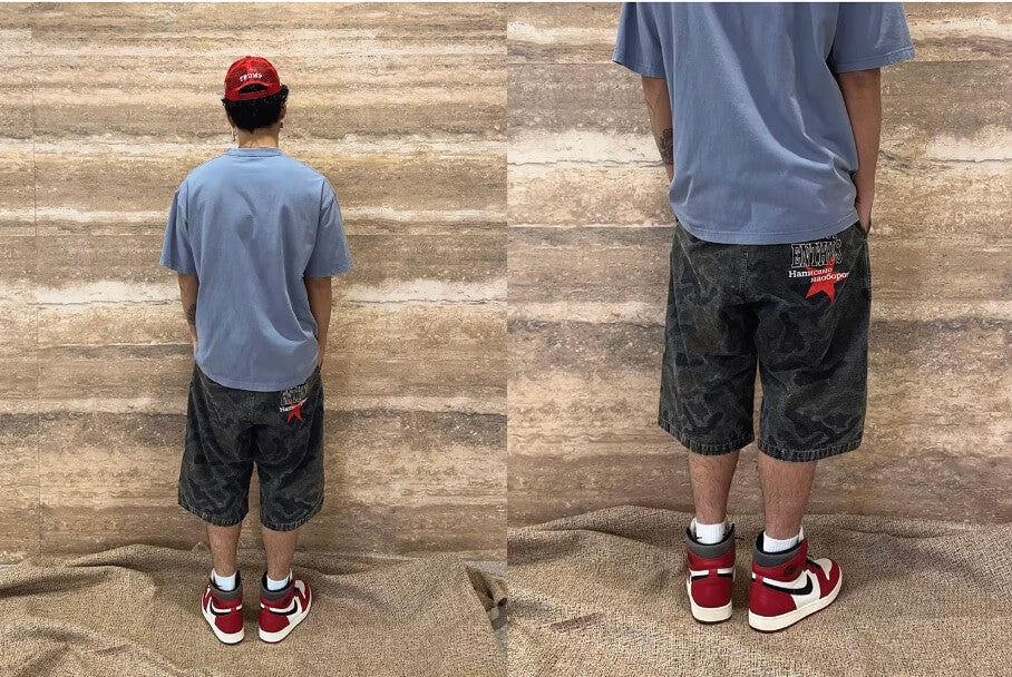 EVETS Washed Faded Camouflage Patchwork Shorts