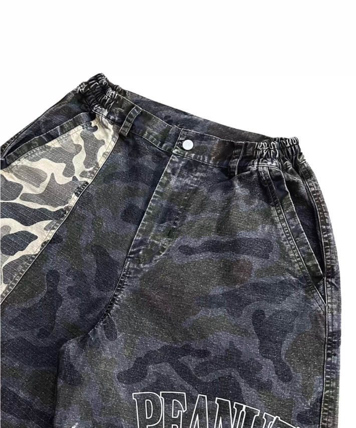 EVETS Washed Faded Camouflage Patchwork Shorts