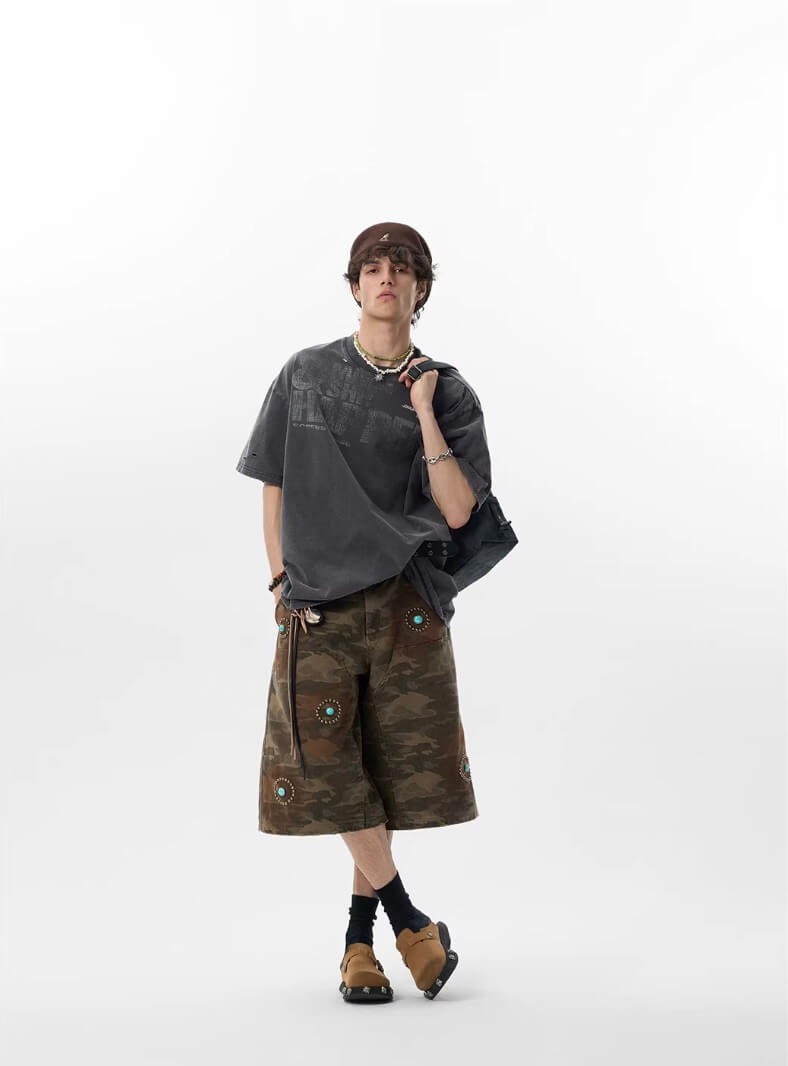JHYQ Washed Camouflage Turquoise Studded Shorts