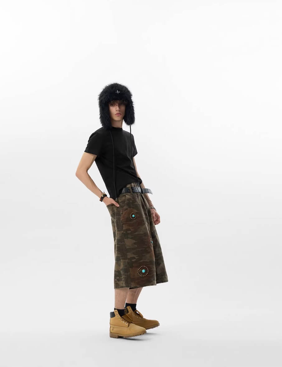 JHYQ Washed Camouflage Turquoise Studded Shorts