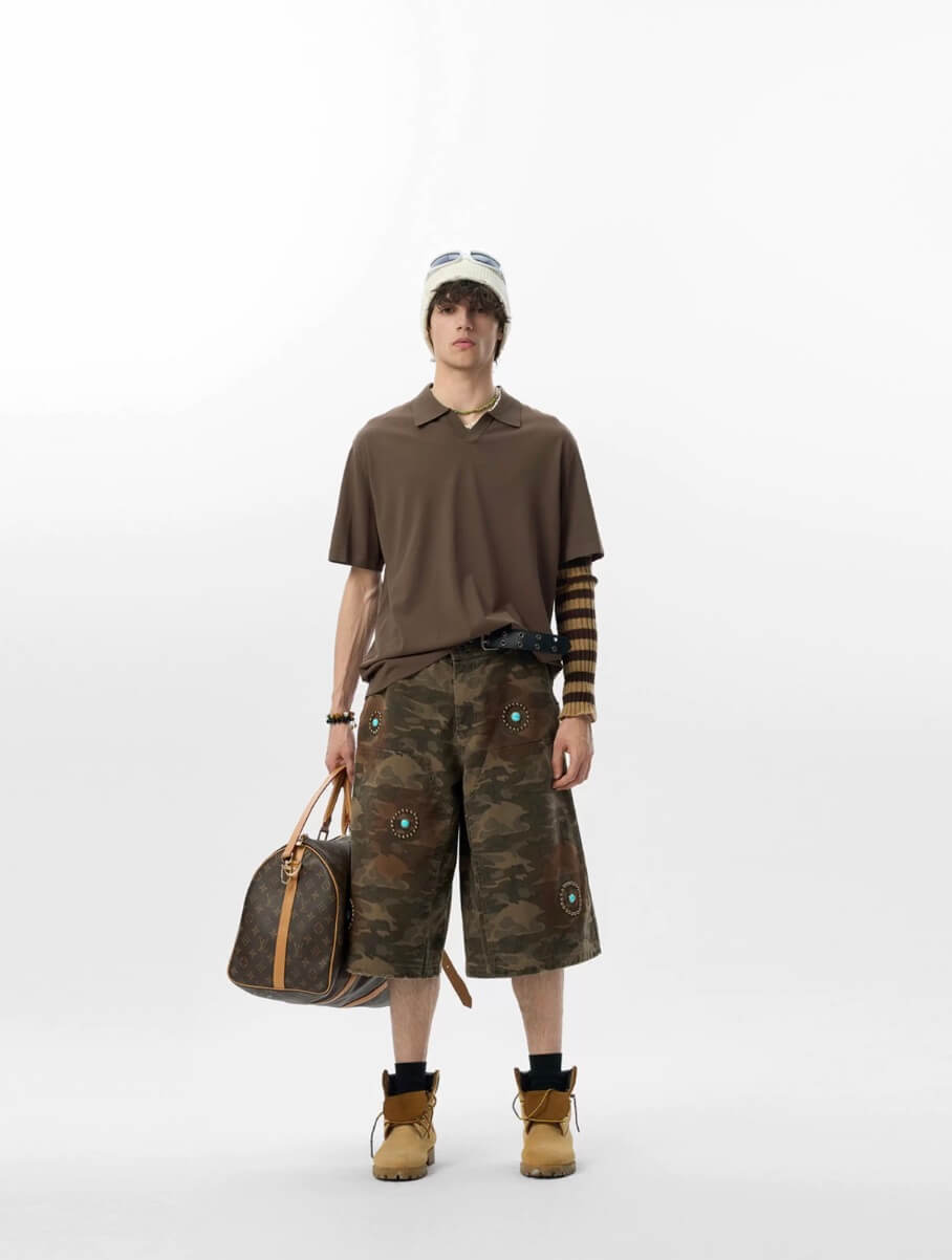 JHYQ Washed Camouflage Turquoise Studded Shorts