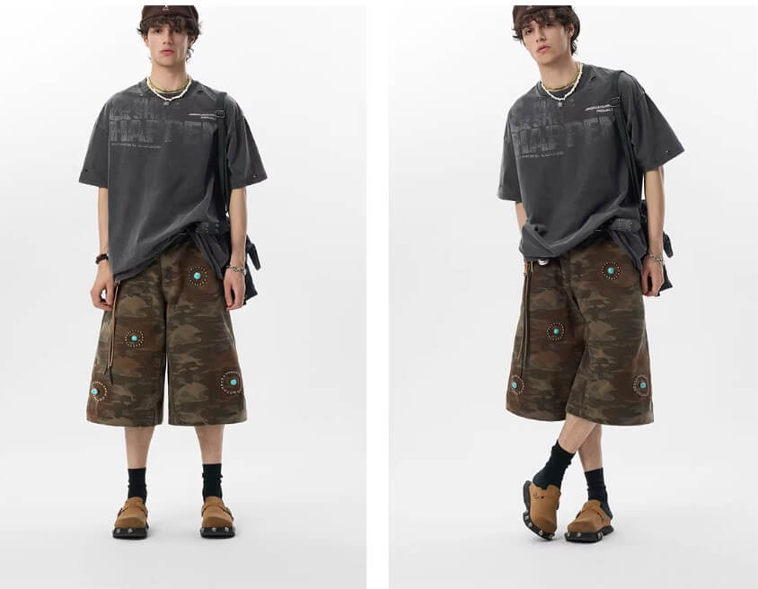JHYQ Washed Camouflage Turquoise Studded Shorts