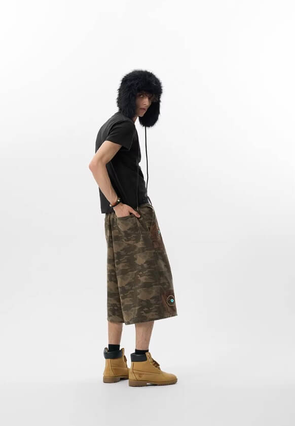 JHYQ Washed Camouflage Turquoise Studded Shorts