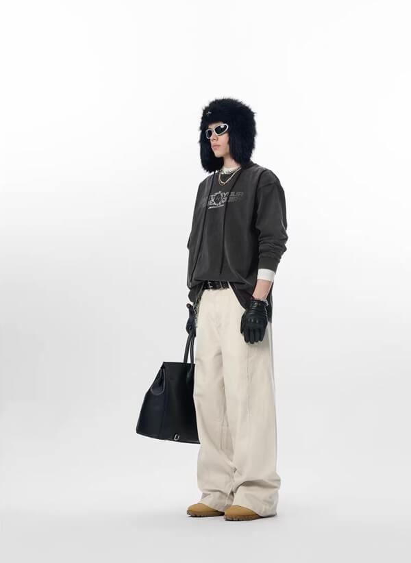 JHYQ Vintage Aged Raw Edge Baggy Work Pants