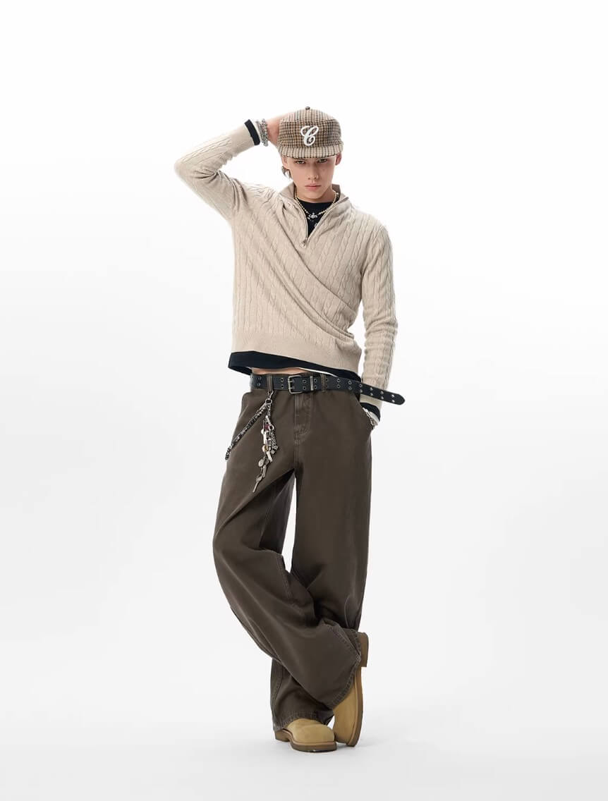 JHYQ Coffee Brown Washed Work Jeans