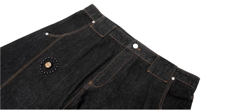 JHYQ Black Beaded Studded Curved Seam Machete Jeans