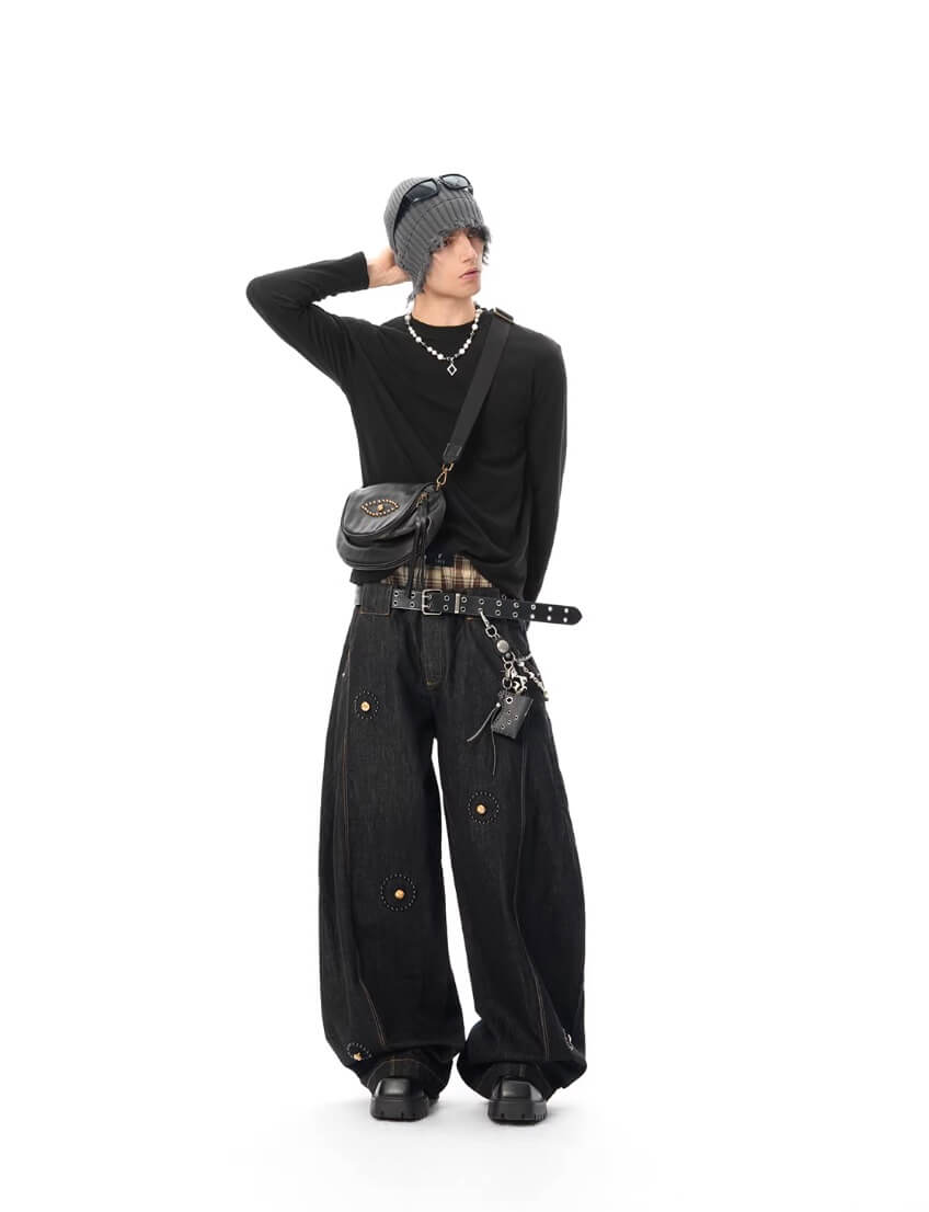 JHYQ Black Beaded Studded Curved Seam Machete Jeans