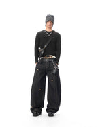 JHYQ Black Beaded Studded Curved Seam Machete Jeans