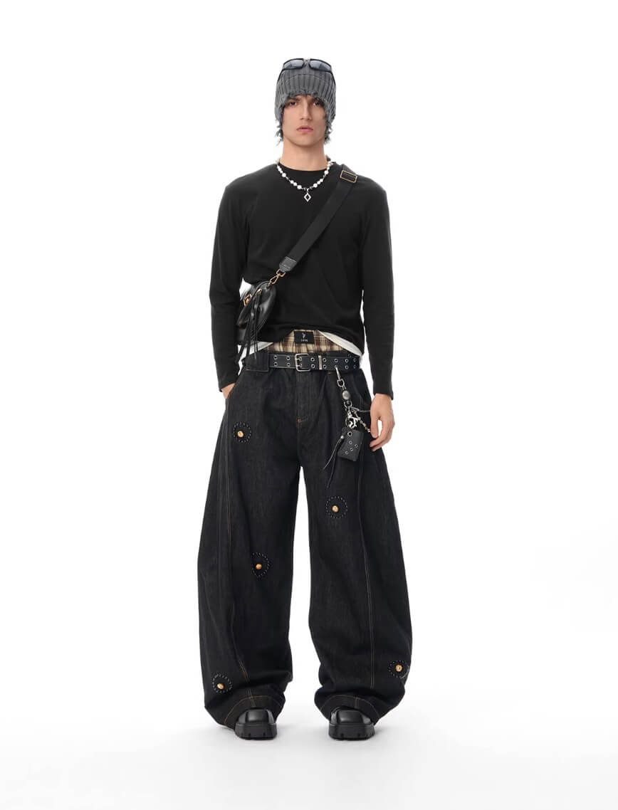JHYQ Black Beaded Studded Curved Seam Machete Jeans