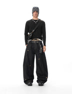 JHYQ Black Beaded Studded Curved Seam Machete Jeans