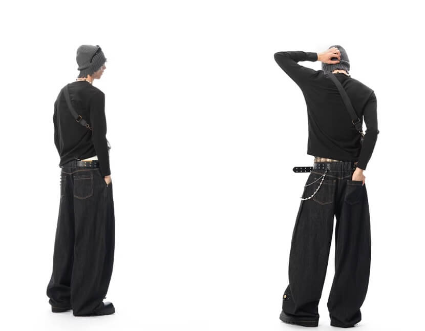 JHYQ Black Beaded Studded Curved Seam Machete Jeans