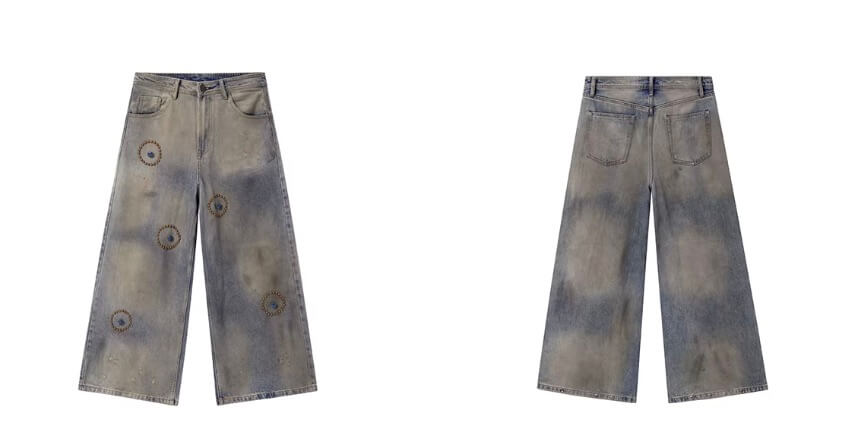 JHYQ Blue Beaded Studded Curved Seam Machete Jeans