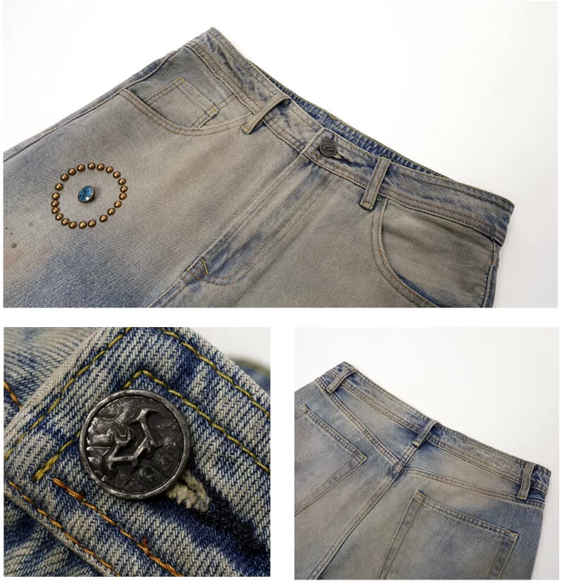 JHYQ Blue Beaded Studded Curved Seam Machete Jeans