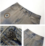 JHYQ Blue Beaded Studded Curved Seam Machete Jeans