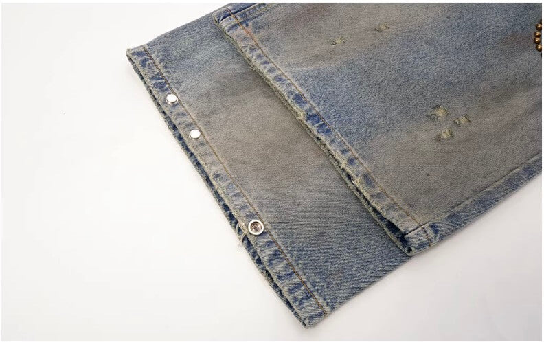 JHYQ Blue Beaded Studded Curved Seam Machete Jeans
