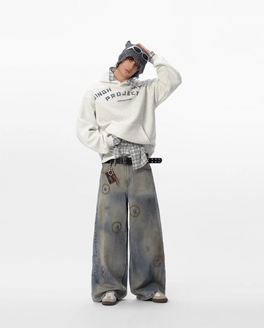 JHYQ Blue Beaded Studded Curved Seam Machete Jeans