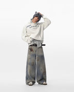 JHYQ Blue Beaded Studded Curved Seam Machete Jeans