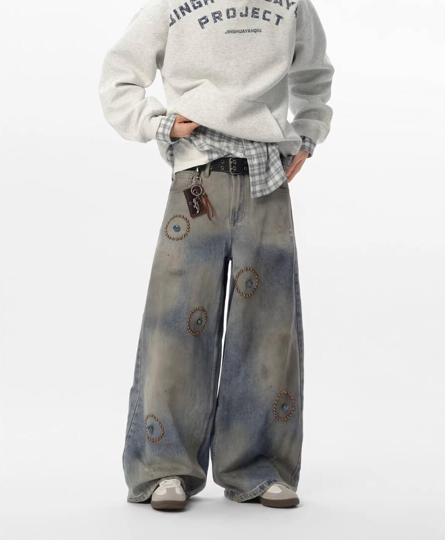 JHYQ Blue Beaded Studded Curved Seam Machete Jeans