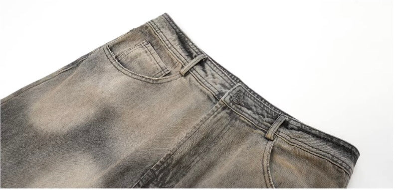 JHYQ Washed Ash Beaded Studded Curved Seam Machete Jeans