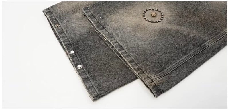 JHYQ Washed Ash Beaded Studded Curved Seam Machete Jeans