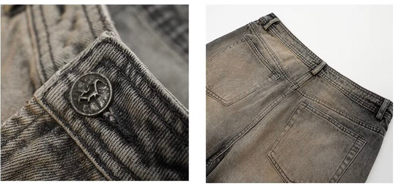 JHYQ Washed Ash Beaded Studded Curved Seam Machete Jeans