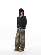 JHYQ Washed Ash Beaded Studded Curved Seam Machete Jeans