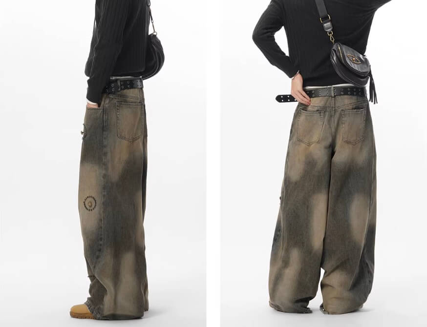 JHYQ Washed Ash Beaded Studded Curved Seam Machete Jeans