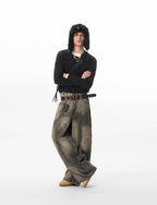 JHYQ Washed Ash Beaded Studded Curved Seam Machete Jeans