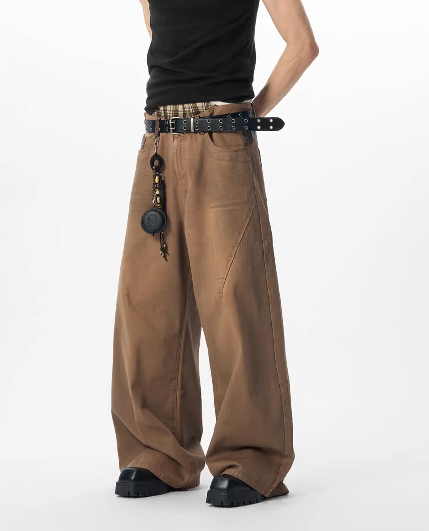 JHYQ Brown Washed 3D Cut Baggy Jeans
