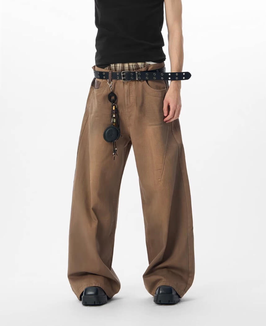 JHYQ Brown Washed 3D Cut Baggy Jeans