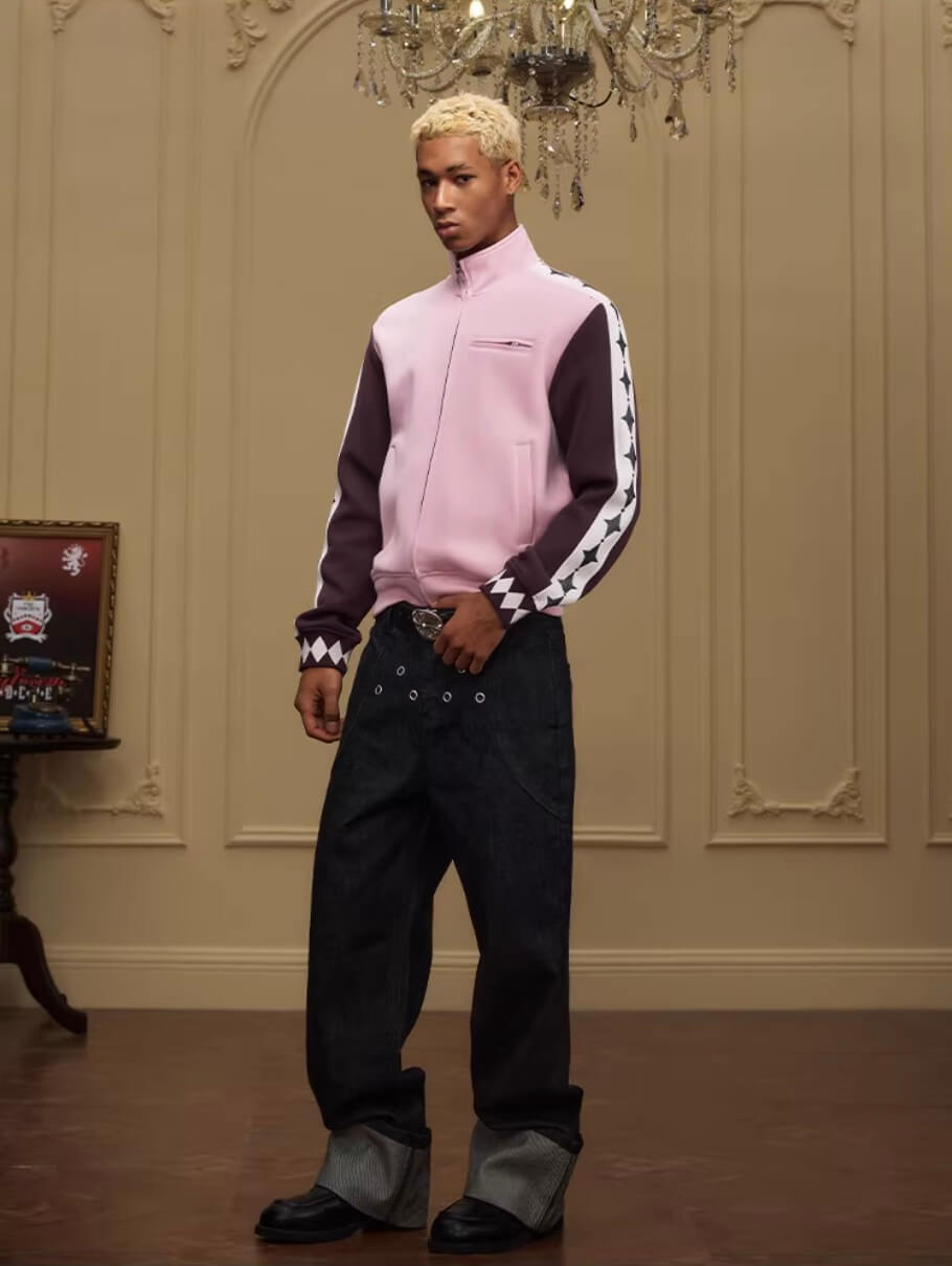 YADcrew Glitter Star Sleeve Stripe Track Jacket
