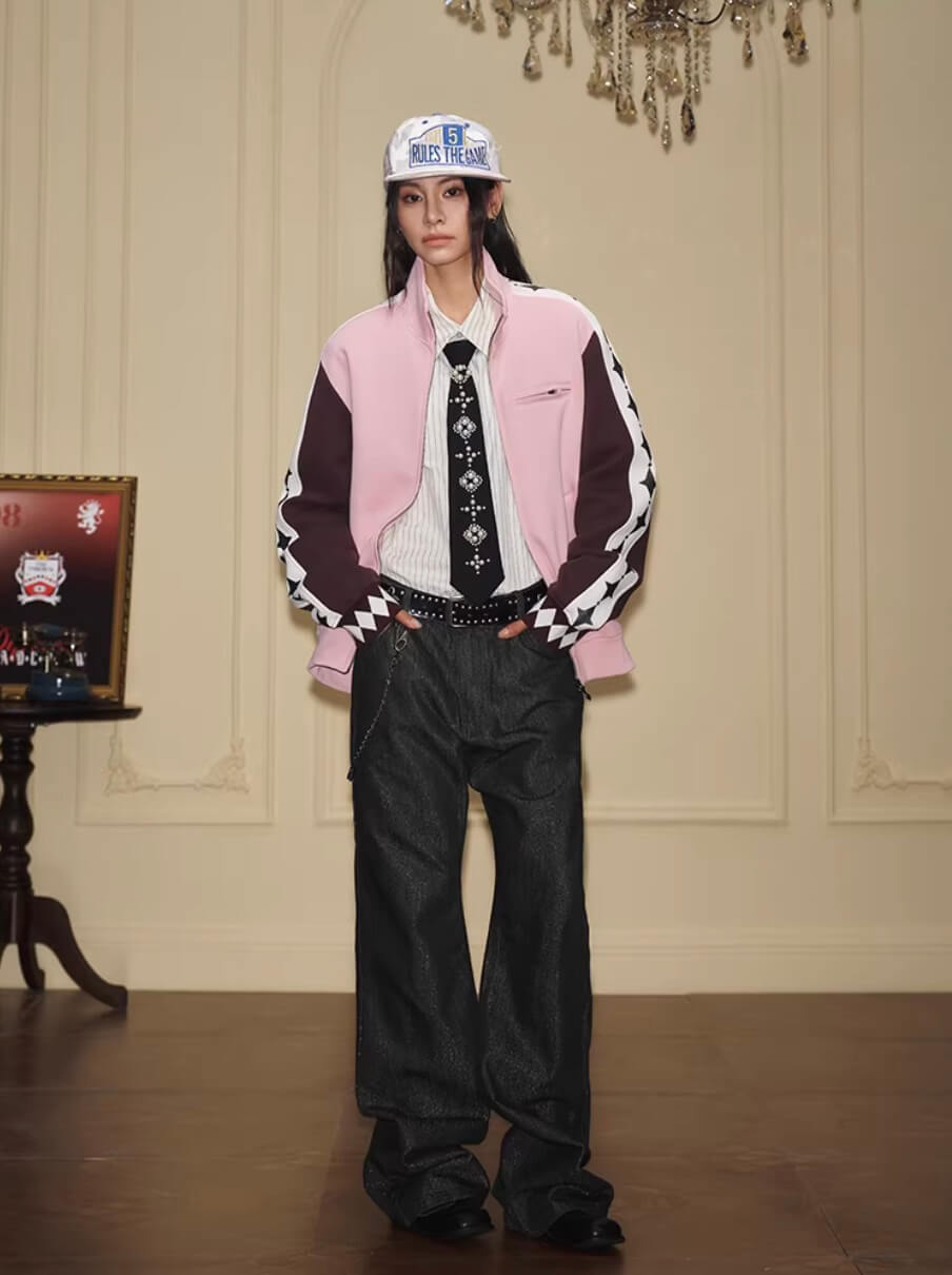 YADcrew Glitter Star Sleeve Stripe Track Jacket