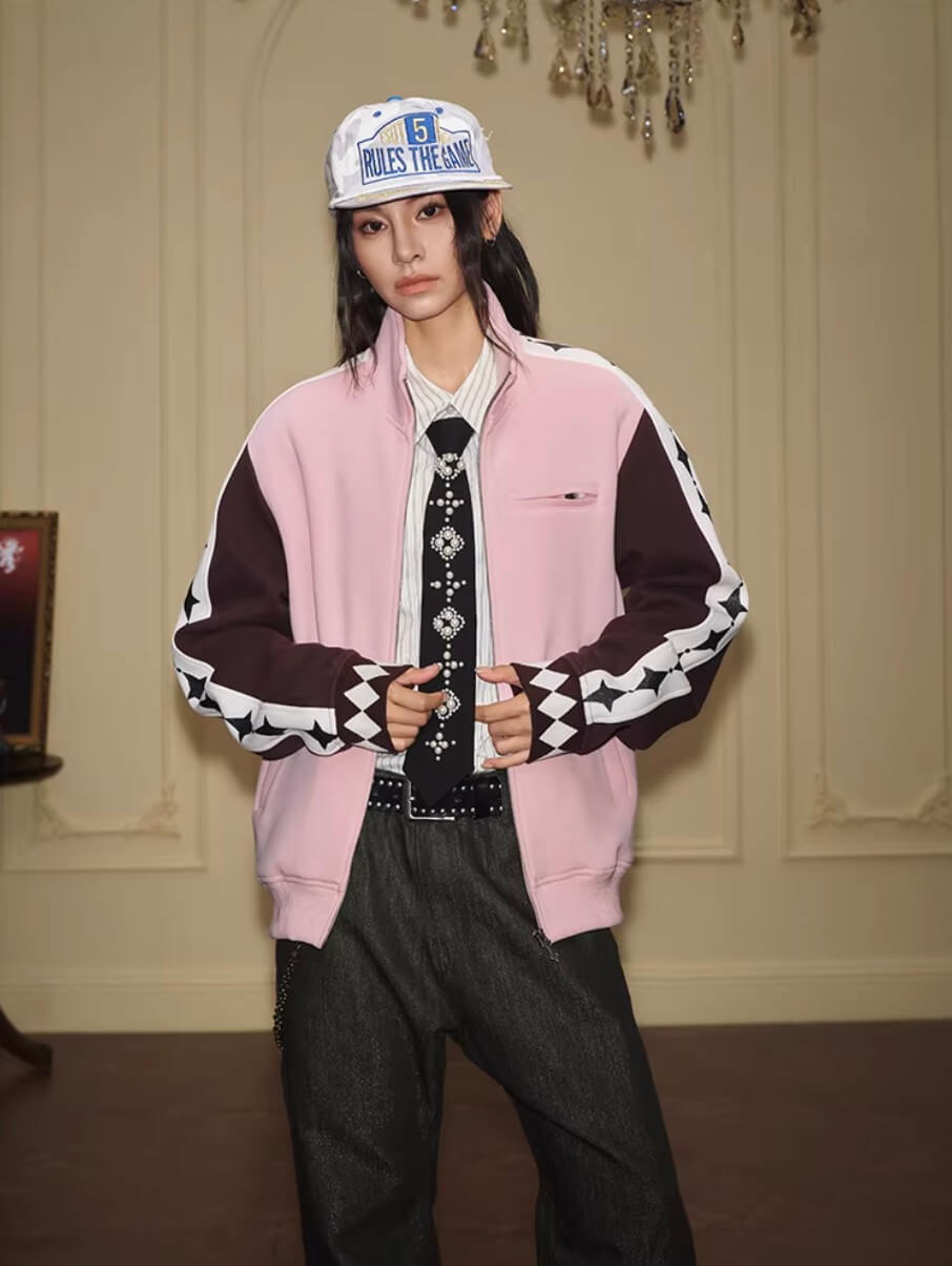 YADcrew Glitter Star Sleeve Stripe Track Jacket