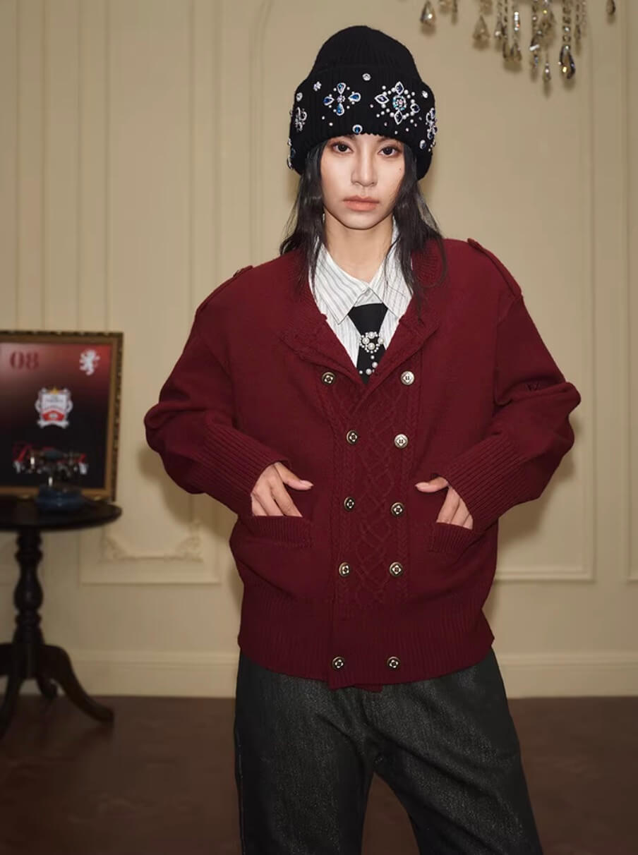 YADcrew Double Breasted Metal Button Cable Knit Cardigan