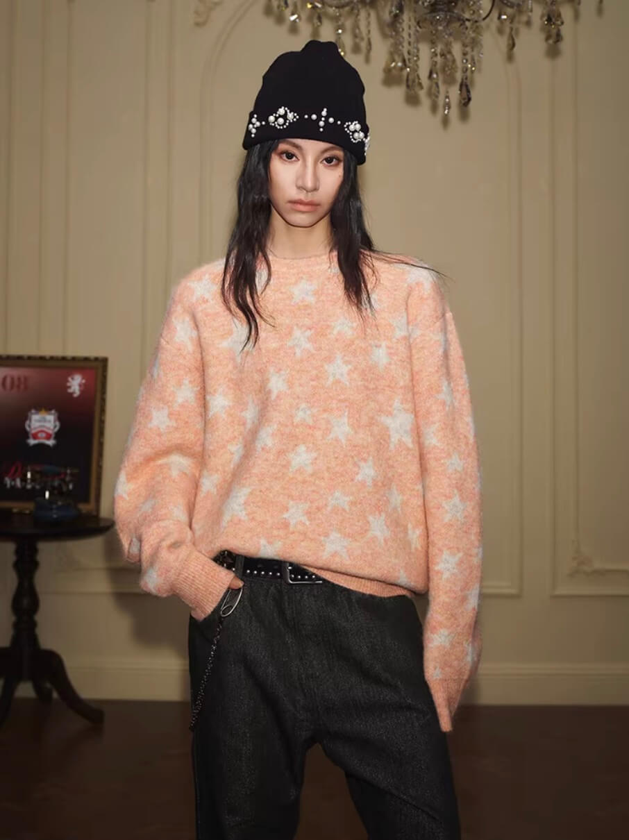 YADcrew All Over Star Fuzzy Knit Sweater