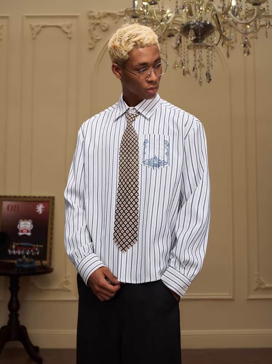 YADcrew Baroque Embroidered Striped Long Sleeve Shirt