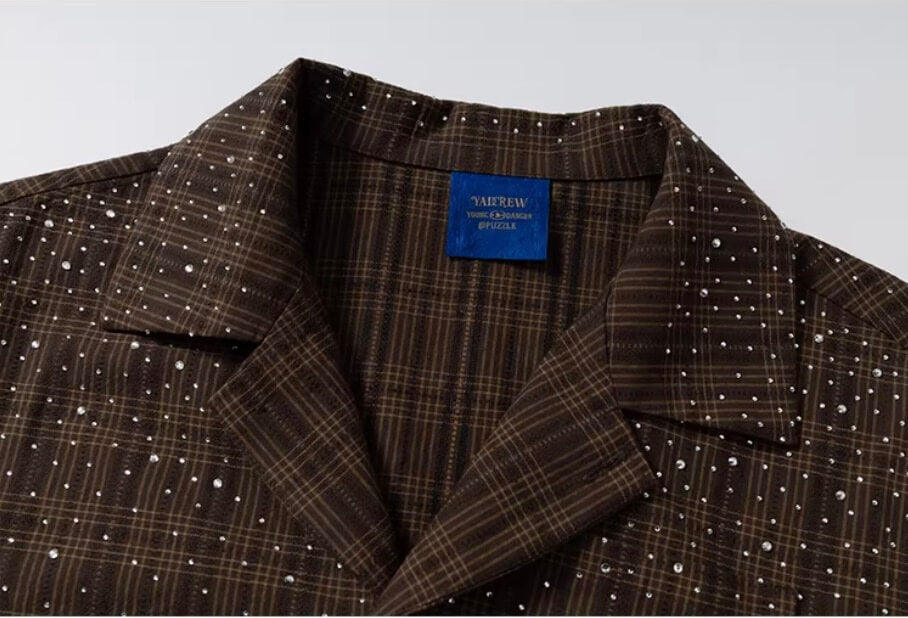 YADcrew Galaxy Rhinestone Plaid Short Sleeve Shirt