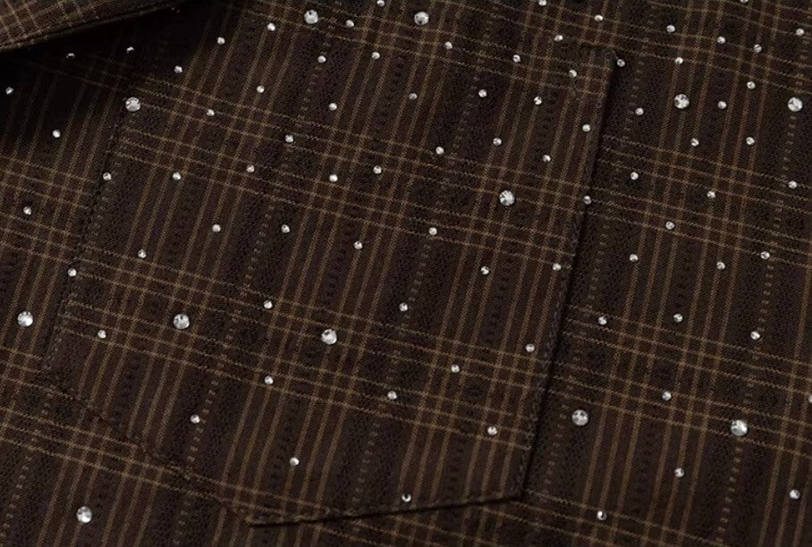 YADcrew Galaxy Rhinestone Plaid Short Sleeve Shirt