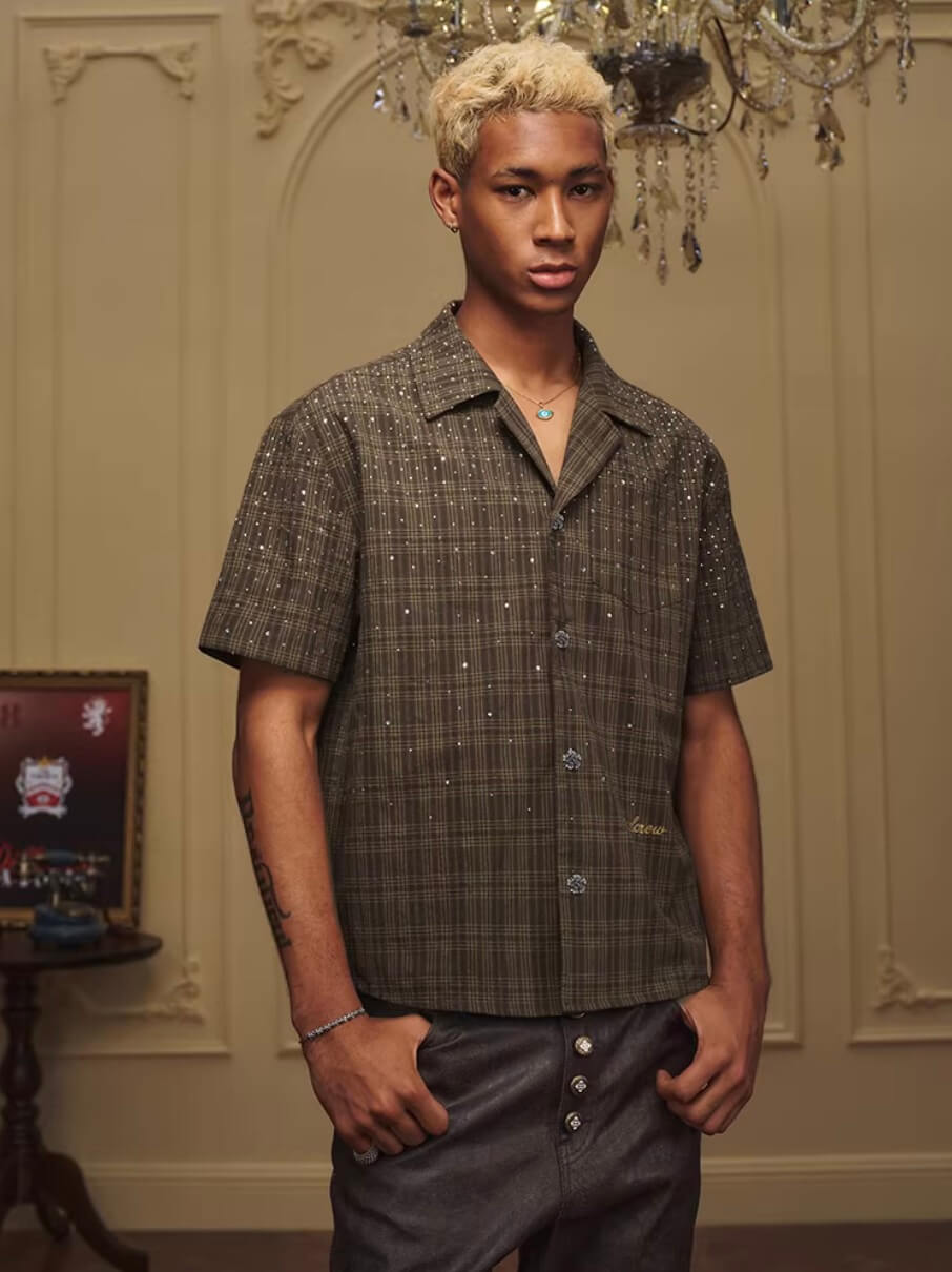 YADcrew Galaxy Rhinestone Plaid Short Sleeve Shirt