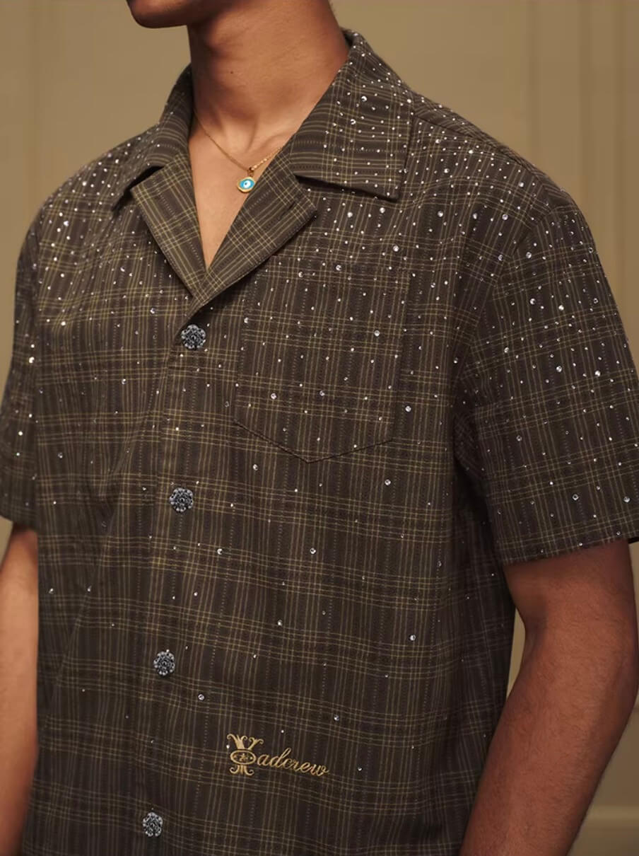 YADcrew Galaxy Rhinestone Plaid Short Sleeve Shirt